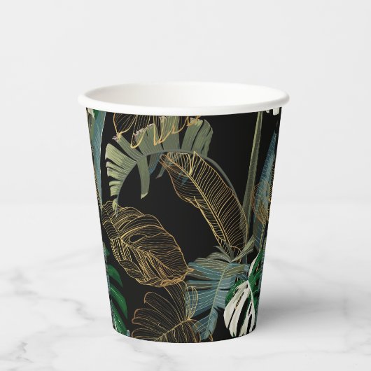 熱帯の夜のヴィンテージヤシ、バナナ、植物、黄金 紙コップ (正面)