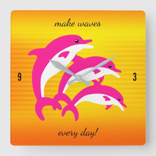 熱帯の太陽にピンクのイルカの踊り スクエア壁時計 (正面)