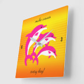 熱帯の太陽にピンクのイルカの踊り スクエア壁時計 (傾斜)