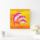 熱帯の太陽にピンクのイルカの踊り スクエア壁時計 (ホーム)
