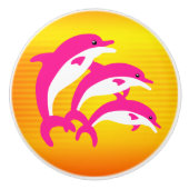 熱帯の太陽にピンクのイルカの踊り セラミックノブ (正面)