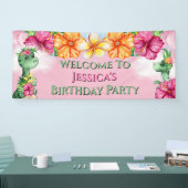 熱帯の少女恐竜ジャングルの花はピンクグリーン 横断幕 (トレードショー)