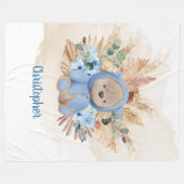 熱帯の少年テディベアのススキ青い花 フリースブランケット (正面(横))