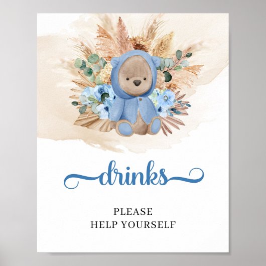 熱帯の少年テディベアのパンパスドリンクテーブルの標識 ポスター (正面)
