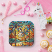 熱帯の島の日没ステンドグラス ペーパープレート (パーティー)