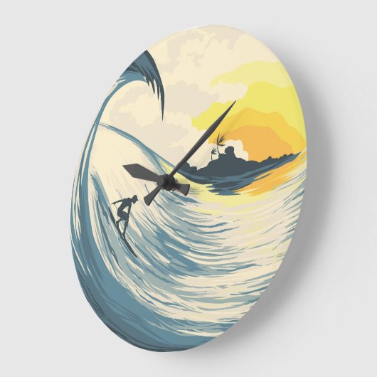 熱帯の島、波、サーファーの夕日。 ラージ壁時計 (傾斜)