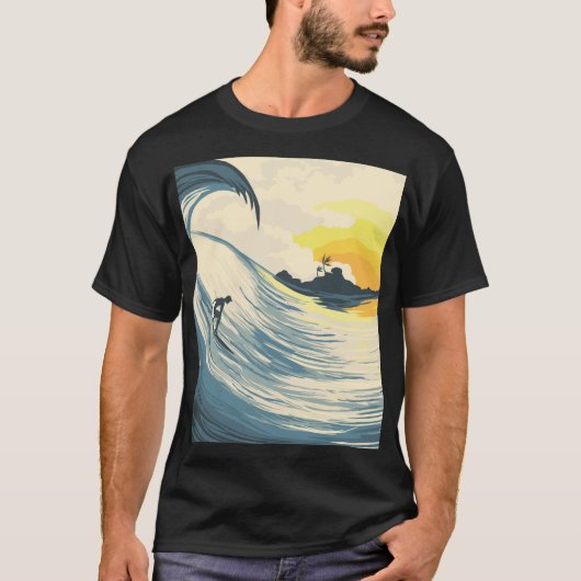 熱帯の島、波、サーファーの夕日。 Tシャツ (正面)