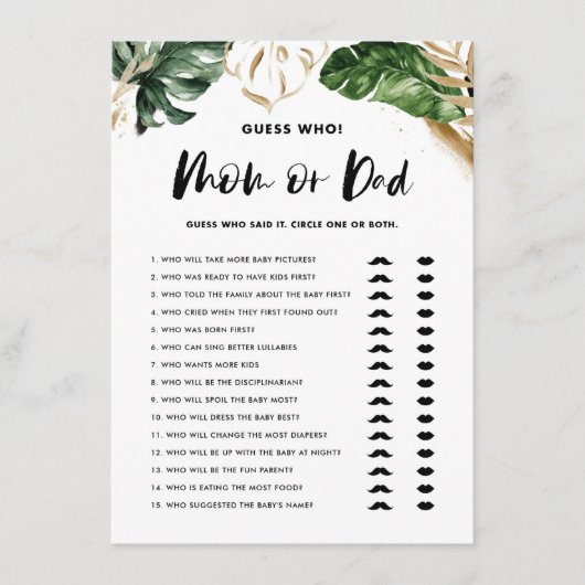 熱帯の推測誰がママまたはパパ赤ちゃんシャワーゲーム エンクロージャーカード (正面)