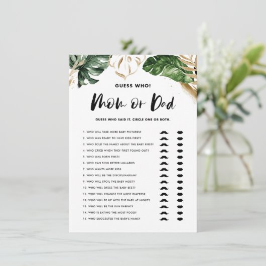 熱帯の推測誰がママまたはパパ赤ちゃんシャワーゲーム エンクロージャーカード (スタンド正面)