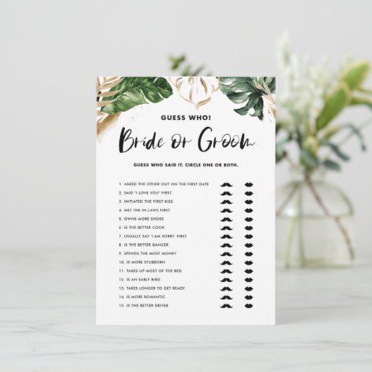 熱帯の推測Who花嫁または花婿ブライダルシャワー エンクロージャーカード (スタンド正面)