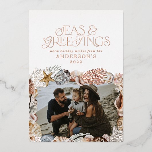 熱帯の暖かいクリスマスの海と挨拶モダン 箔シーズンカード (正面)