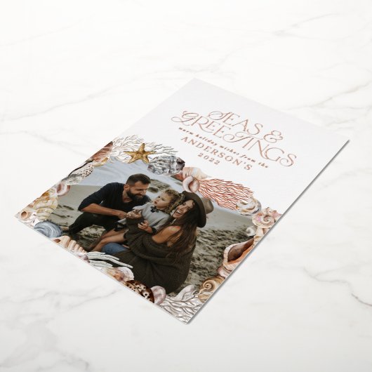 熱帯の暖かいクリスマスの海と挨拶モダン 箔シーズンカード (回転した状態)