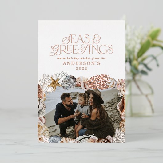 熱帯の暖かいクリスマスの海と挨拶モダン 箔シーズンカード (立ち正面)