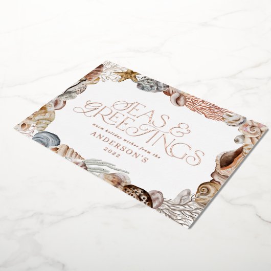 熱帯の暖かいクリスマスの海と挨拶モダン 箔シーズンカード (回転した状態)