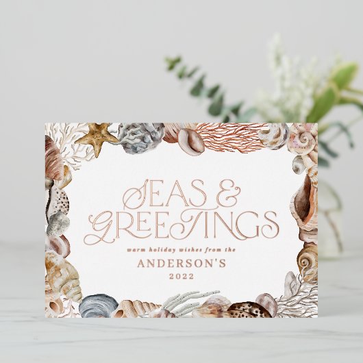 熱帯の暖かいクリスマスの海と挨拶モダン 箔シーズンカード (立ち正面)