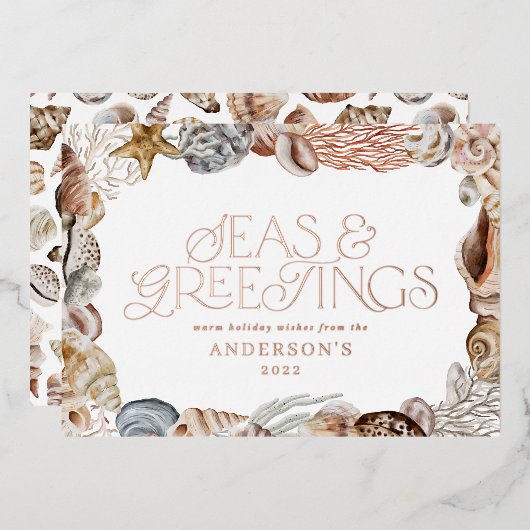 熱帯の暖かいクリスマスの海と挨拶モダン 箔シーズンカード (正面/裏面)