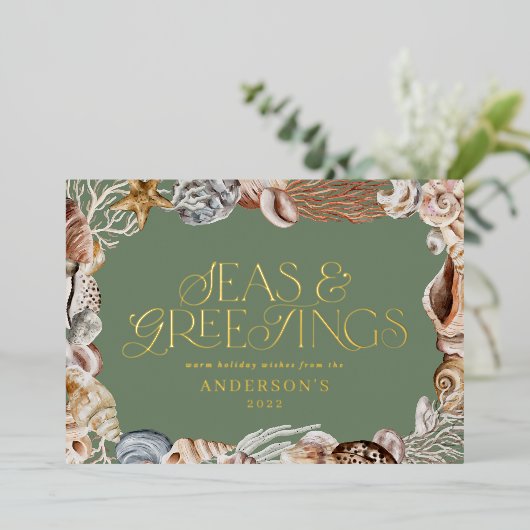 熱帯の暖かいクリスマスの海と挨拶モダン 箔シーズンカード (立ち正面)