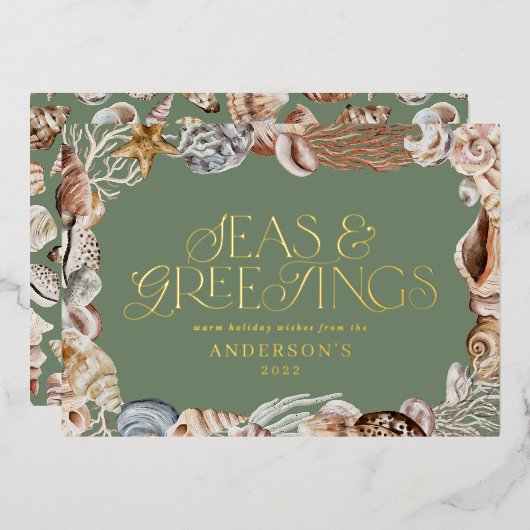 熱帯の暖かいクリスマスの海と挨拶モダン 箔シーズンカード (正面/裏面)