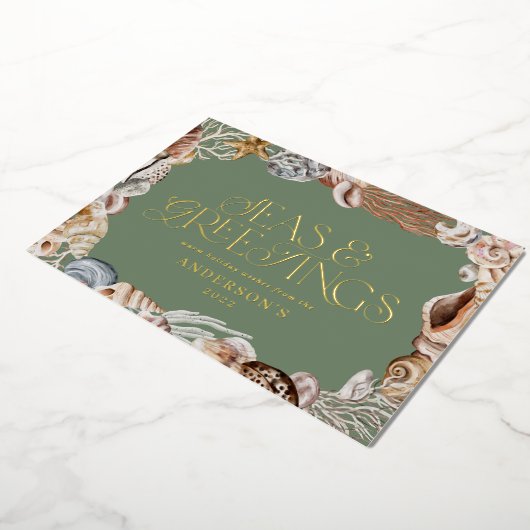 熱帯の暖かいクリスマスの海と挨拶モダン 箔シーズンカード (回転した状態)