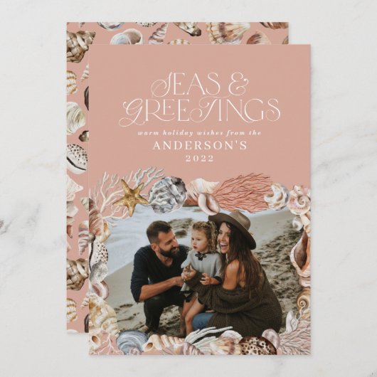 熱帯の暖かいクリスマスの海の挨拶フォトピンク シーズンカード (正面/裏面)