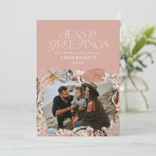 熱帯の暖かいクリスマスの海の挨拶フォトピンク シーズンカード (スタンド正面)