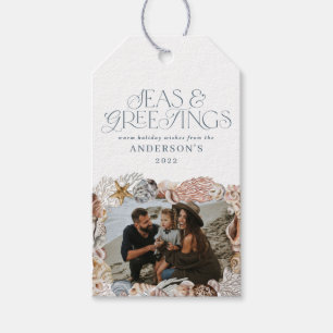 熱帯の暖かいクリスマスの海の挨拶フォトブルー ギフトタグ