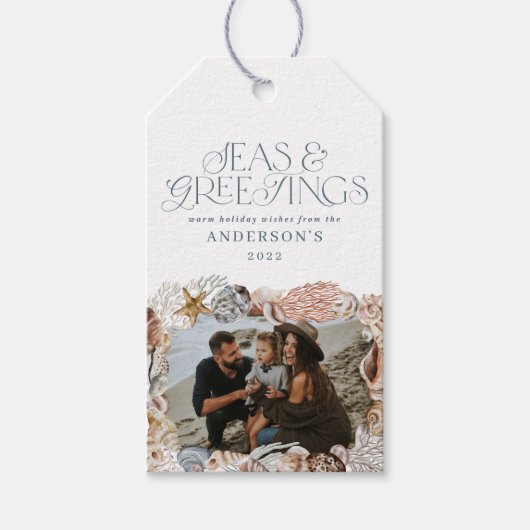 熱帯の暖かいクリスマスの海の挨拶フォトブルー ギフトタグ (正面)
