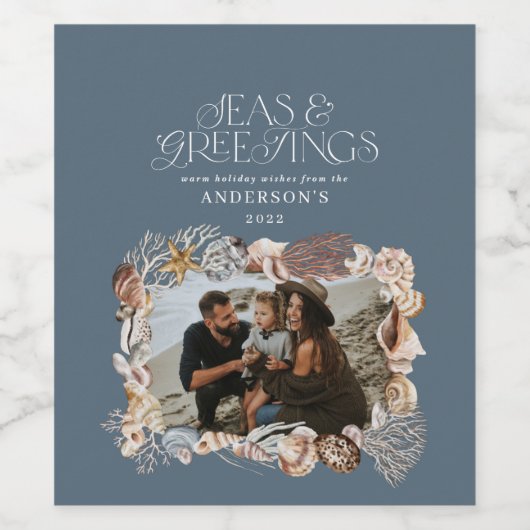 熱帯の暖かいクリスマスの海の挨拶フォトブルー ワインラベル (シングルラベル)