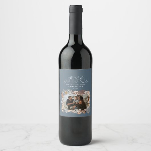 熱帯の暖かいクリスマスの海の挨拶フォトブルー ワインラベル (正面)