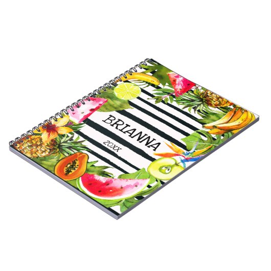 熱帯の果実と花が果実を結び、黒ストライプ色 ノートブック (左側)