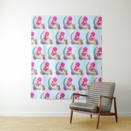 熱帯の果実の模様を持つピンクのフラミンゴ タペストリー (インサイチュ)