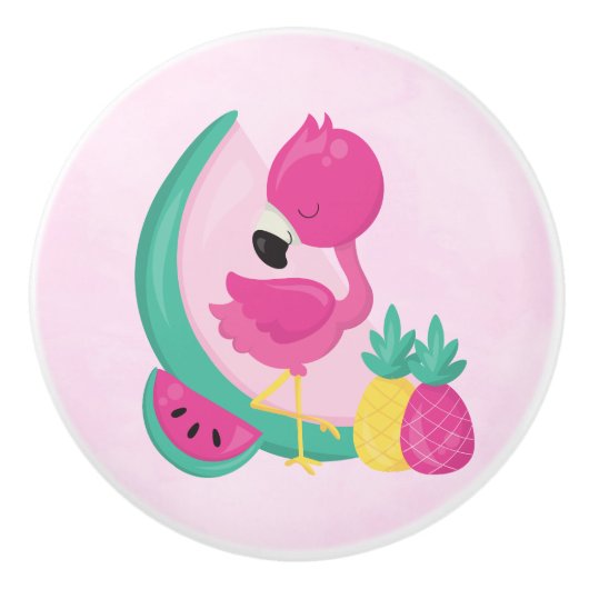 熱帯の果実を持つピンクのフラミンゴ セラミックノブ (正面)