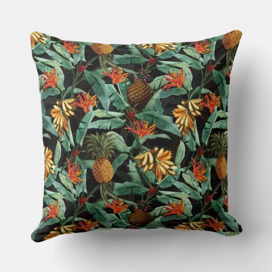熱帯の果物と花が黒いジャングル クッション (裏面)