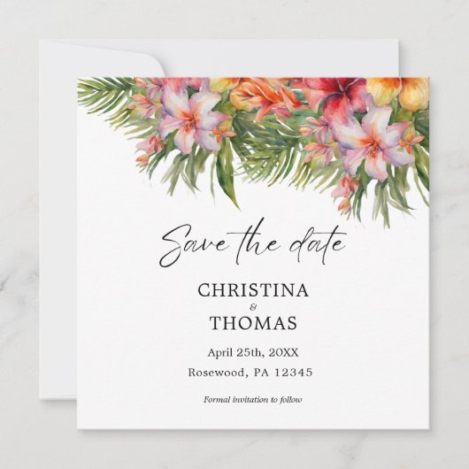 熱帯の水の色のフローラ保存日付 セーブザデート (正面)