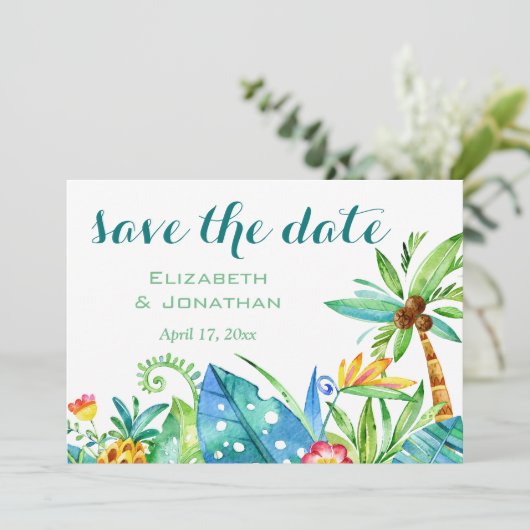 熱帯の水の色のフローラ写真の保存日付 招待状 (スタンド正面)