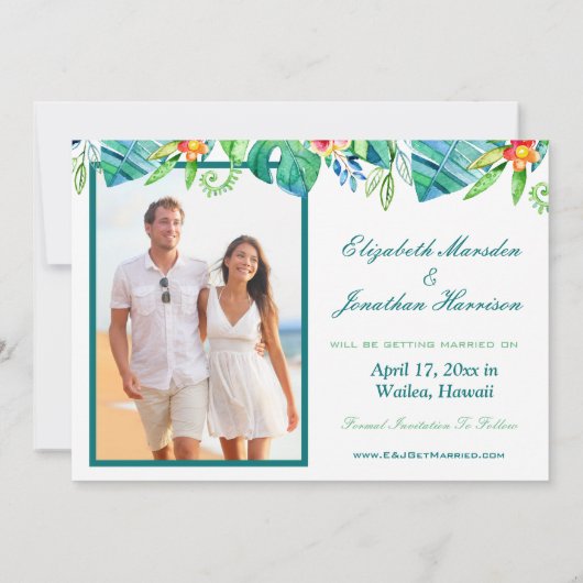 熱帯の水の色のフローラ写真の保存日付 招待状 (裏面)