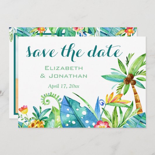熱帯の水の色のフローラ写真の保存日付 招待状 (正面/裏面)