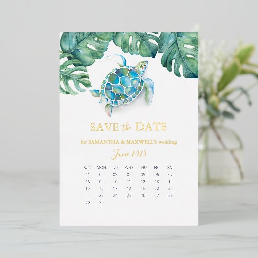 熱帯の水の色の結婚式の日付の箔を保存 箔シーズンカード (立ち正面)