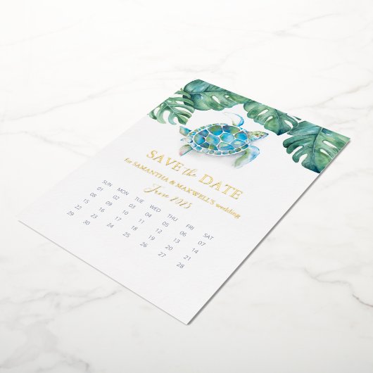 熱帯の水の色の結婚式の日付の箔を保存 箔シーズンカード (回転した状態)