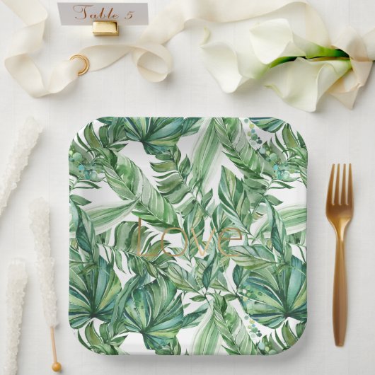 熱帯の水の色の緑の離れ金ゴールドの愛（薄い） ペーパープレート (ウェディング)