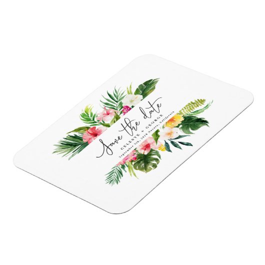 熱帯の水の色の葉のスクリプトは、日付を保存 マグネット (左側)