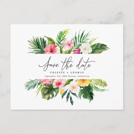 熱帯の水の色の葉のスクリプトは、日付を保存 案内ポストカード (正面)