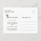 熱帯の水の色の葉の結婚式の日付を保存 案内ポストカード (裏面)