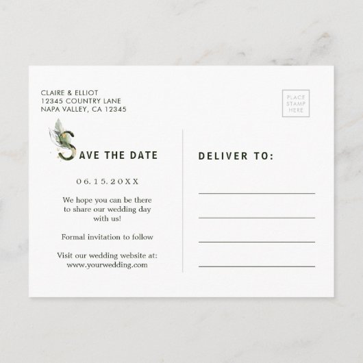 熱帯の水の色の葉の結婚式の日付を保存 案内ポストカード (裏面)