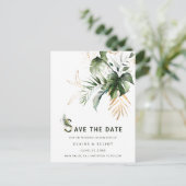 熱帯の水の色の葉の結婚式の日付を保存 案内ポストカード (スタンド正面)