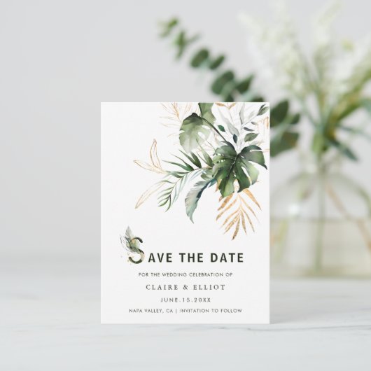 熱帯の水の色の葉の結婚式の日付を保存 案内ポストカード (スタンド正面)