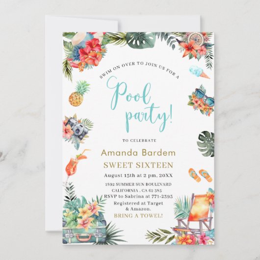 熱帯の水の色プールサイド夏16歳の誕生日 招待状 (正面)