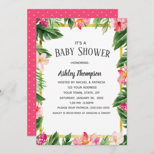 熱帯の水彩花サマーベビーシャワー 招待状 (正面/裏面)