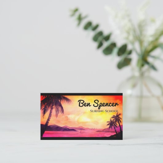 熱帯の水色の絵を描夕日 名刺 (スタンド正面)