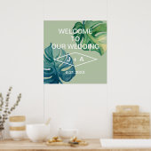 熱帯の水色の葉が私たちの家に結婚歓迎 ポスター (キッチン)